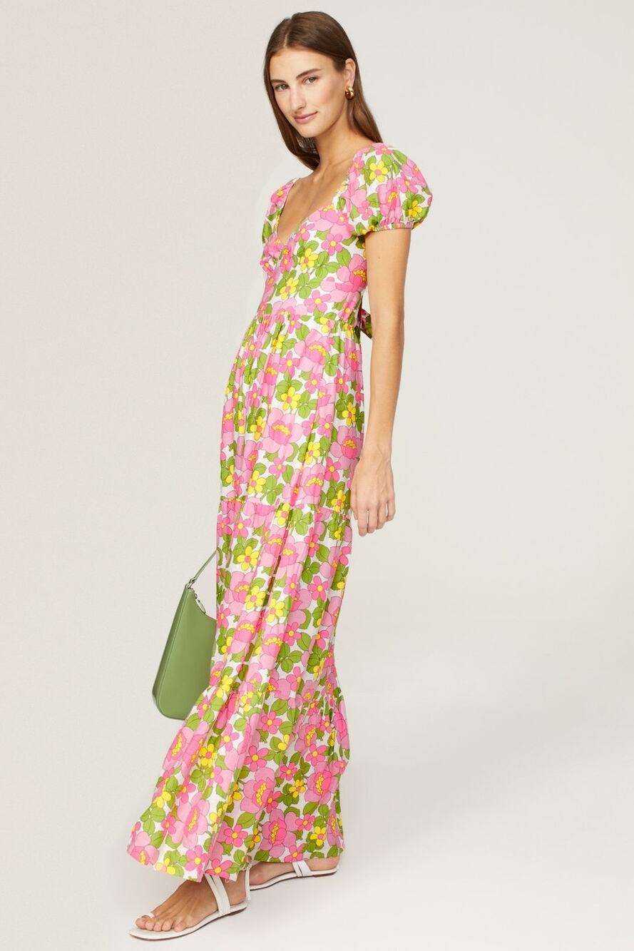 Show Me Your MuMu Cathy Pink Retro Floral Sweetheart Tie Back Puff Maxi Dress M
